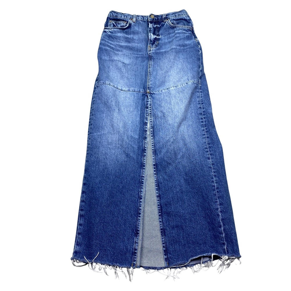 Reformation Tazz Maxi Denim Skirt Blue High Rise Front Slit Raw Hem Sz 25 Grunge